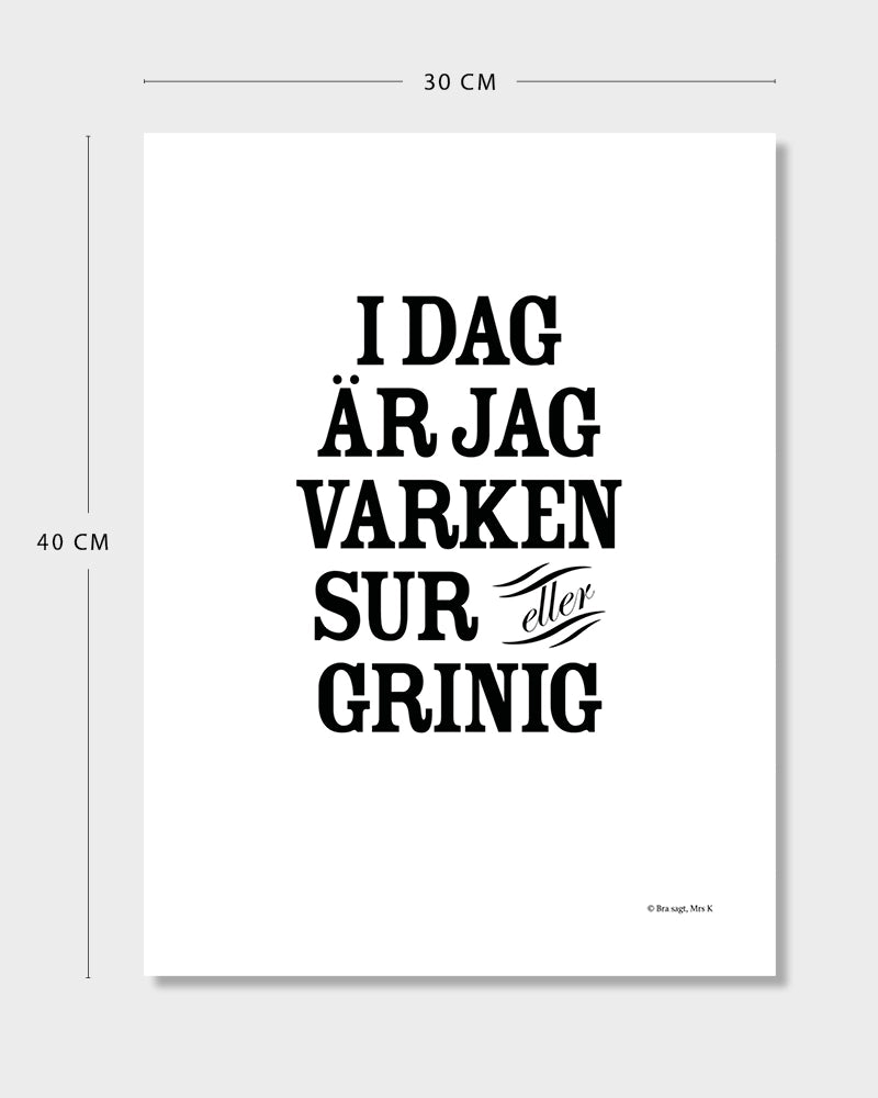 Poster med svenska citatet "Idag är jag varken sur eller grinig" med mått.