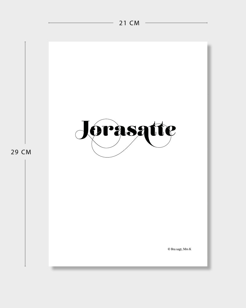 Poster med svenska citatet "Jorasatte" med mått. 